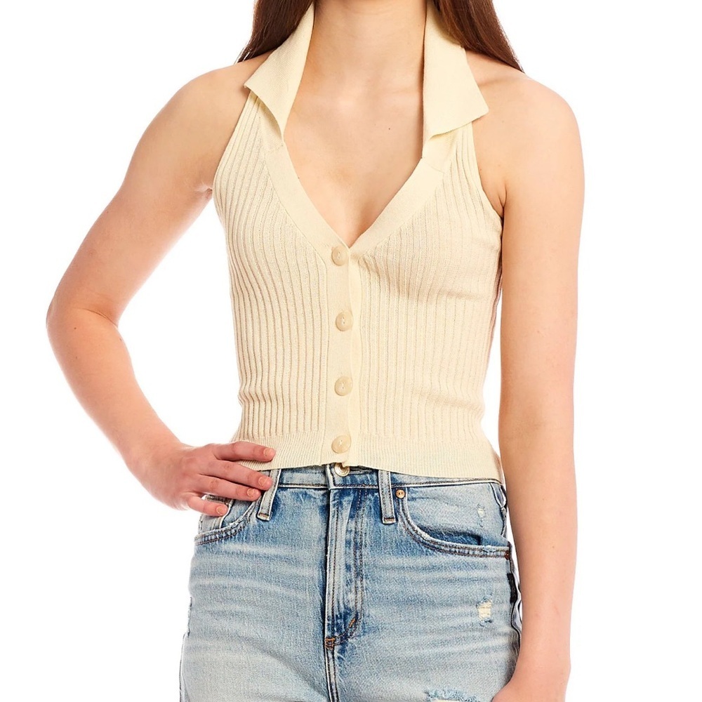 Button Front Johnny Collar Halter Rib Knit Crop Top